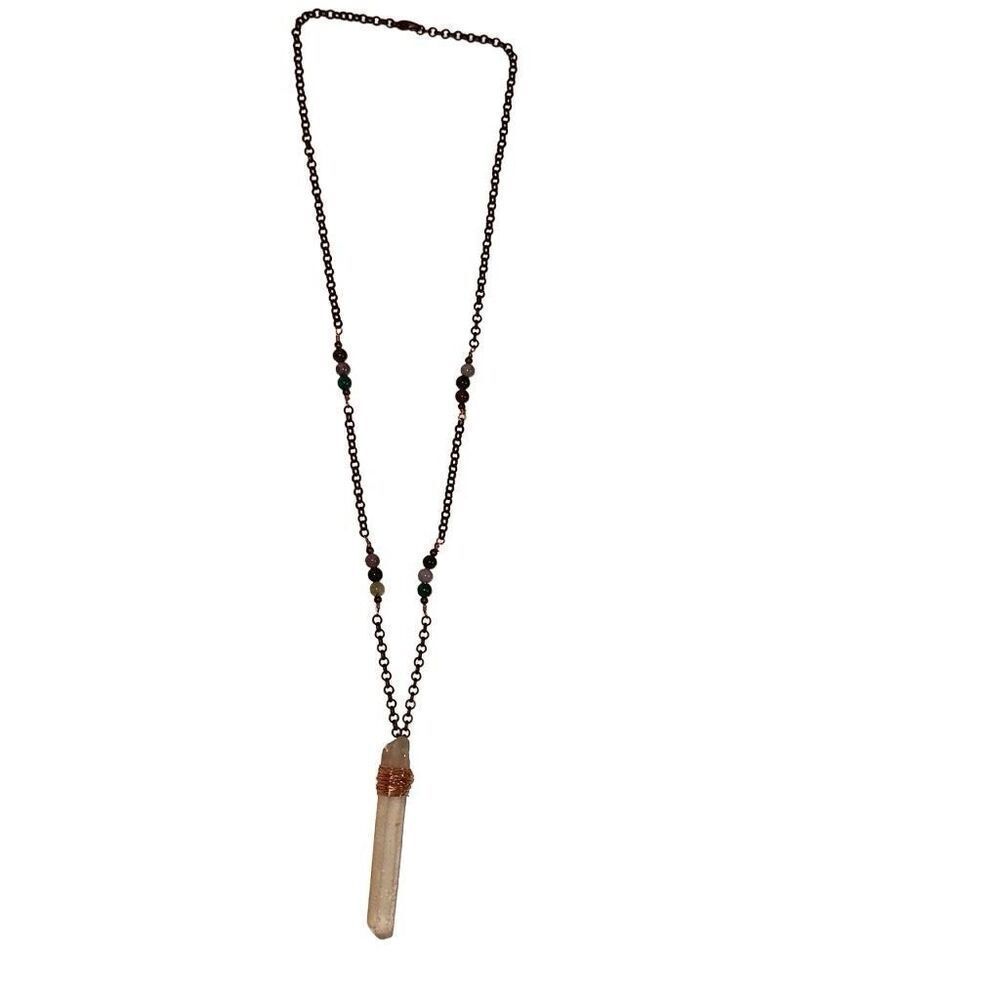 "New" Handmade Silver-tone Chain Copper Wrapped Clear Quartz Necklace Ladies OS
